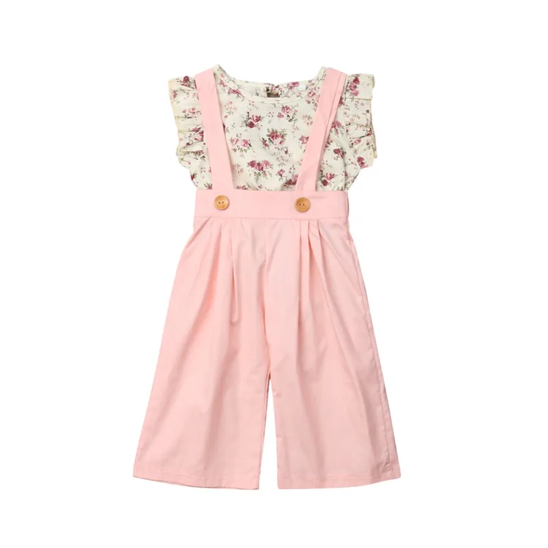 

Girls Summer 2pc Baby Short Sleeve Floral Print T-shirt Tee Clothes Set Tops Overall Bib Pants Kids Cotton Girl Toddler