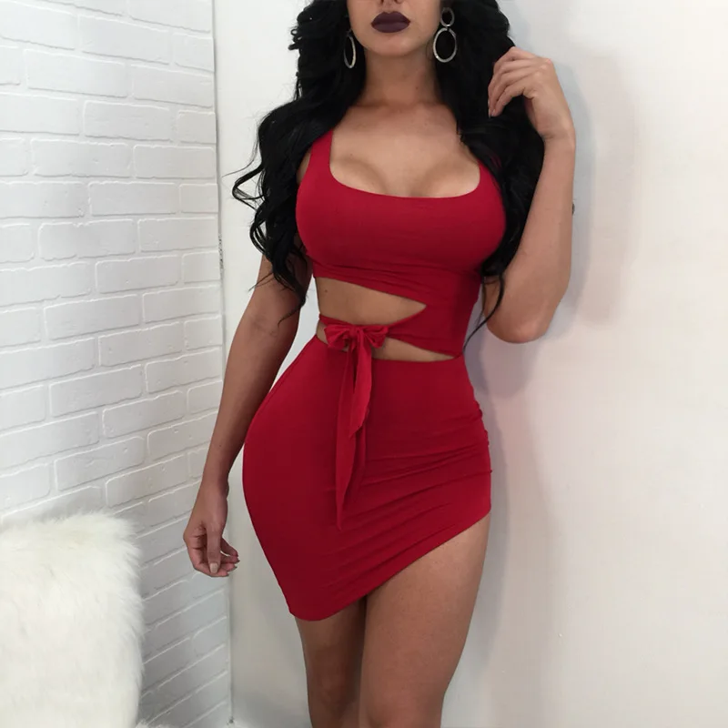 

2019 Women Bodycon Dress Deep O Neck Clothes Club Dresses Solid Sexy Slim Sleeveless Mini Party Dresses Vestidos Summer Dress