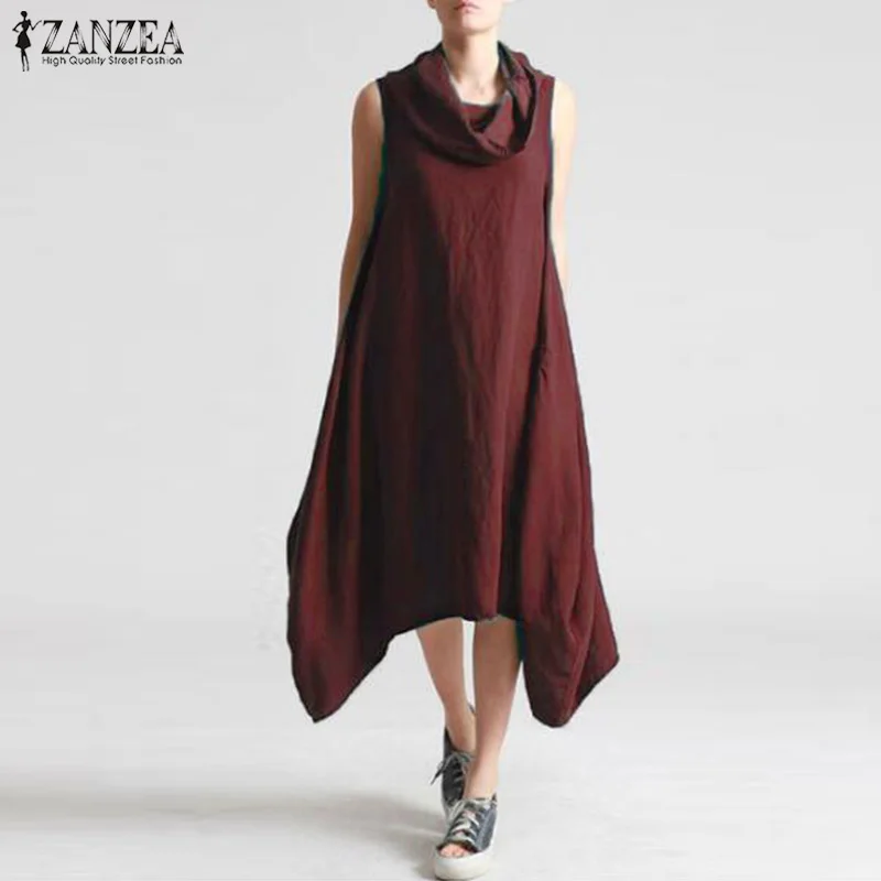 

ZANZEA Women Stylish Turtleneck Irregular Hem Dress Vestidos 2019 Summer Ladies Sleeveless Casual Baggy Sundress Robe Femme 5XL