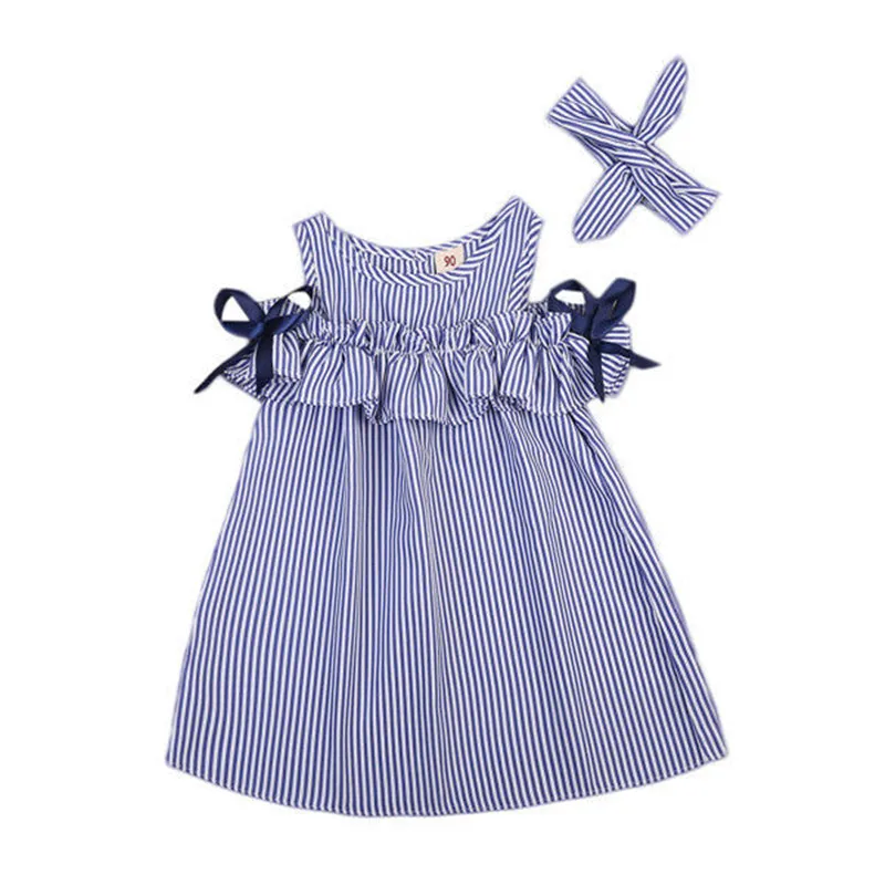 Summer Cute Toddler Baby Kid Girl Off Shoulder Ruffle Dress Button Up Striped Cotton Dress+Headband 2Pcs Set | Детская одежда и