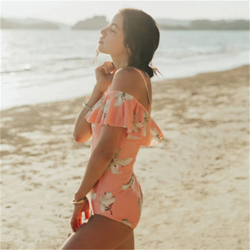 

New Women Lotus Leaf Swimsuit Lady Sexy Off Shoulder Printing One Peice Swimsuit Monokini Bikinis Swimwear Beach Suit Trikini