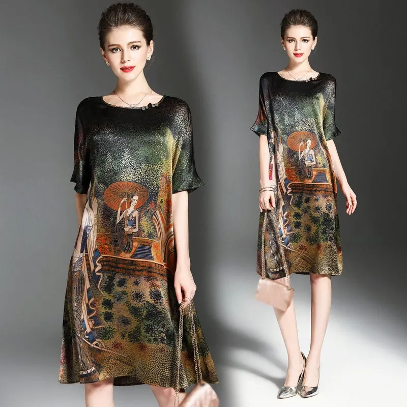 

2019 Summer Vintage Printing Dresses Fake Silk Loose Dress O-Neck Casual Plus Size Vestidos De Festa