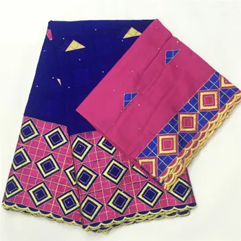 

100% cotton royal blue-fushia color squares pattern 5+2 yards Swiss Voile Lace FAS52 Great quality Free shipping Lace Fabric