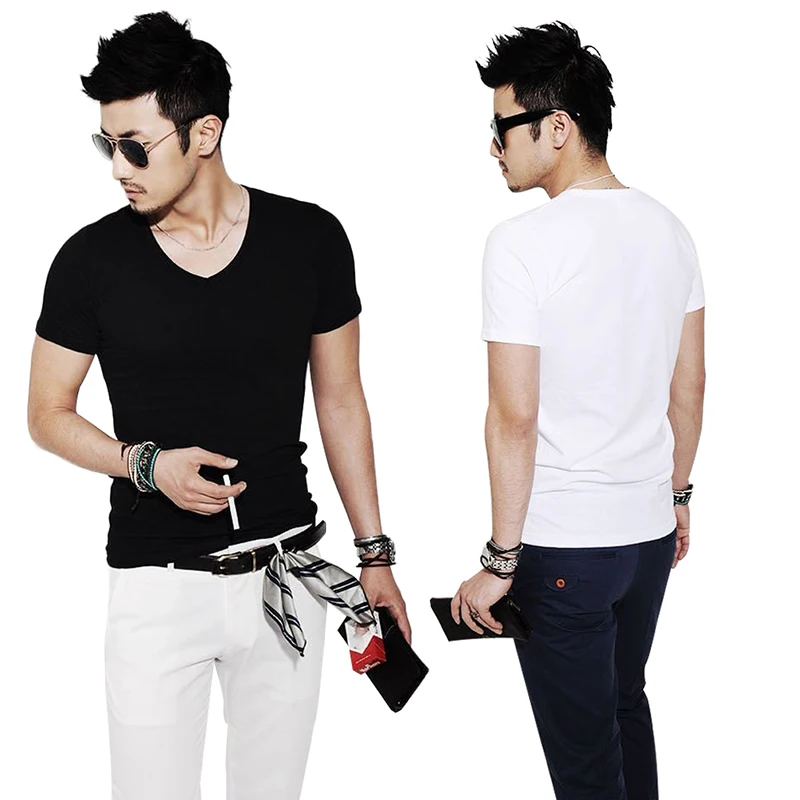 

2019 Summer New Men Tops Tees V-Neck Cotton Short Solid Cool Colorful Sleeve T-Shirt Fitness Casual Sports Male Fashion Trends