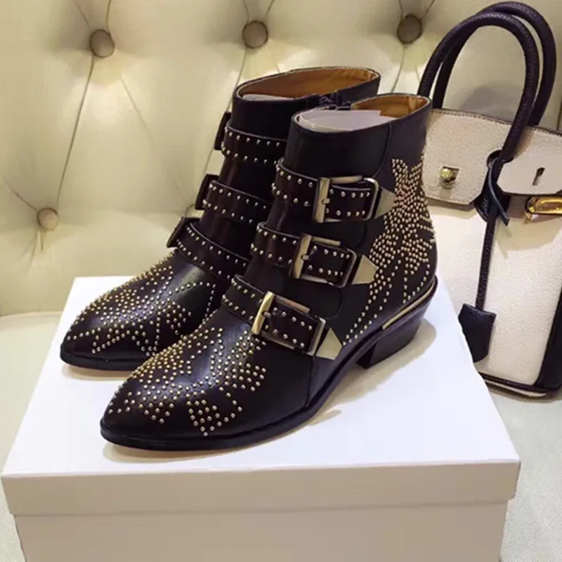 

Susanna Studded Real Leather Ankle Boots Women Round Toe Rivet Flower Martin Short Boots Women Luxury Velvet Boots Zapatos Mujer