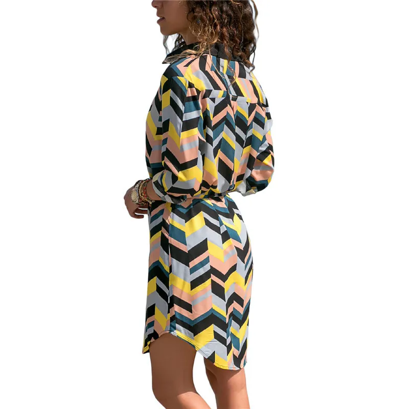 

2019 Fashion Summer Dress Women Lapel Wave Stripe Print Dresses Long Sleeve Bandage Evening Party Casual Beach Dress Female