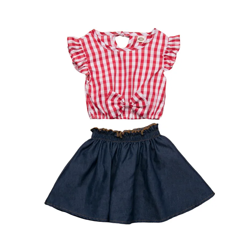 Girls Cloth Set Cute Toddler Baby Girls Red And White Short Sleeve Plaid Bow Top Shirt Denim