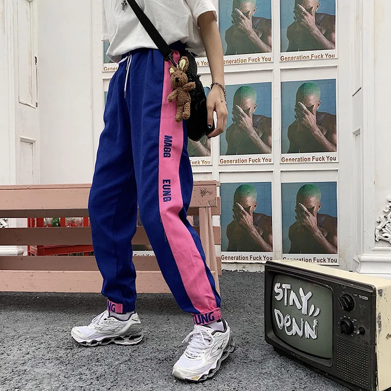 Men's Trousers 2019 Summer New Loose Embroidered Letters Contrast Color Beam Feet Nine Pants Personality Casual Men's Clothing