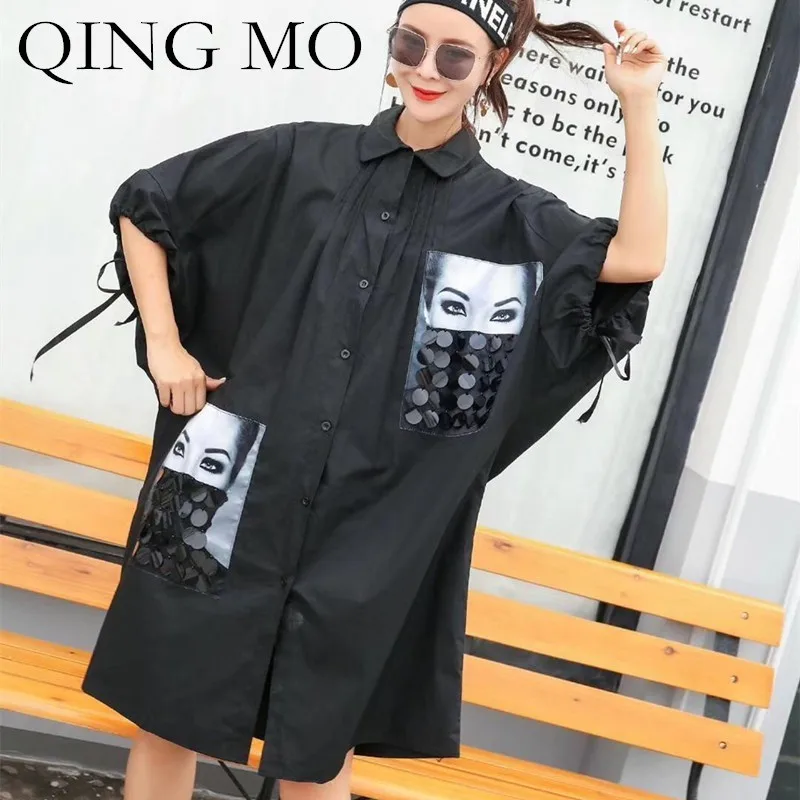 QING MO черная блузка платье Женская длинная рубашка с принтом 2020 летняя блуза