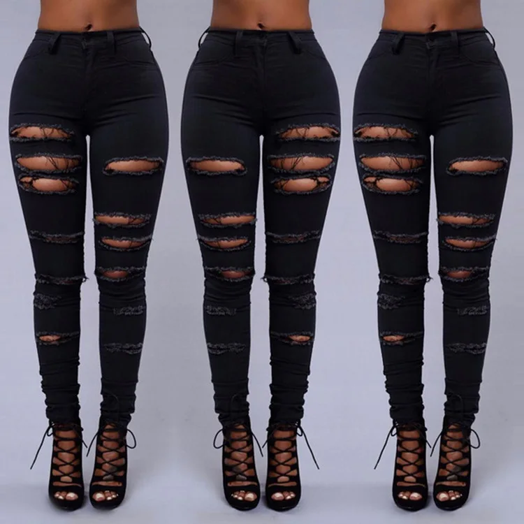 Summer Style White Hole Cool Denim High Waist Pants Capris Female Skinny Black Casual Jeans Ripped Jeans Women Summer Style White Hole Cool Denim High Waist Pants Capris Female Skinny Black Casual Jeans Ripped Jeans Women