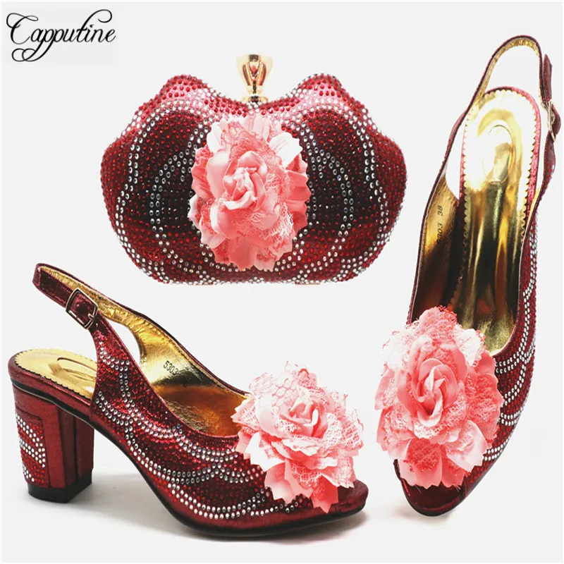 Capputine Nigerian Elegant Party Shoes And Bag Sets African Decorated With Rhinestone High Heels Shoes And Purse Set For Party