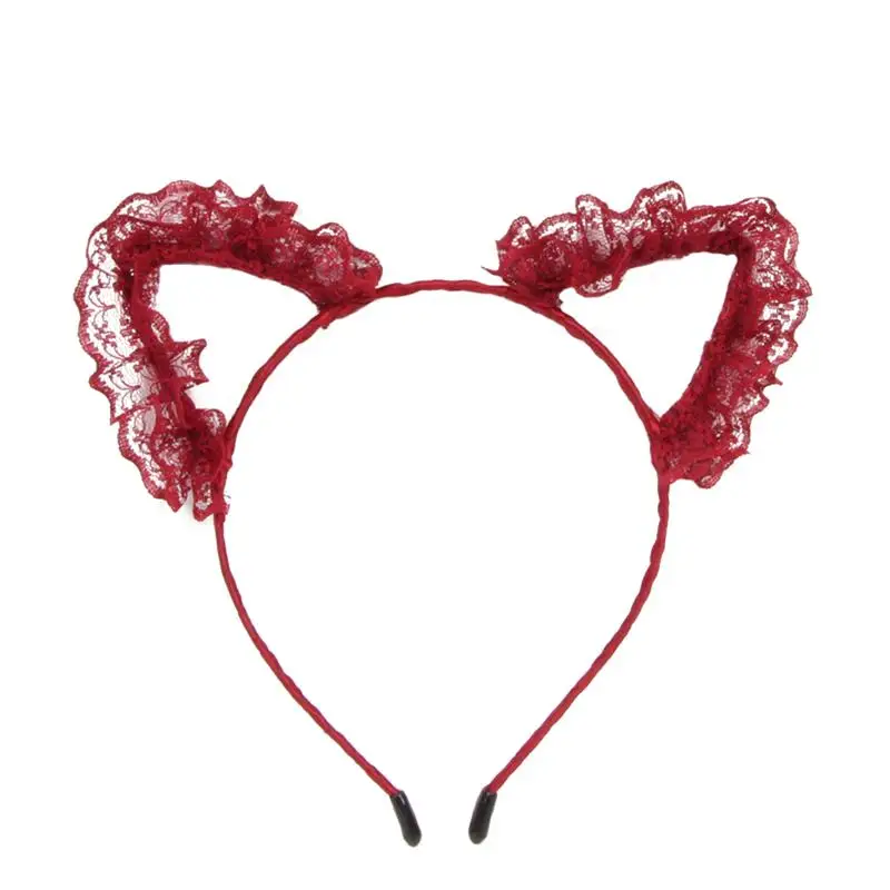Милая Кружевная повязка на голову с кошачьими ушками, обруч для волос, головной убор для волос, праздничный костюм (красный)