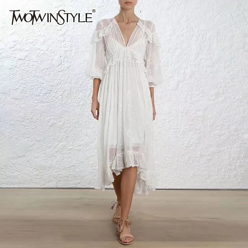 

TWOTWINSTYLE Lace Patchwork Perspective Women Dress V Neck High Waist Lantern Sleeve Female Dresses Elegant 2019 Spring Fashion