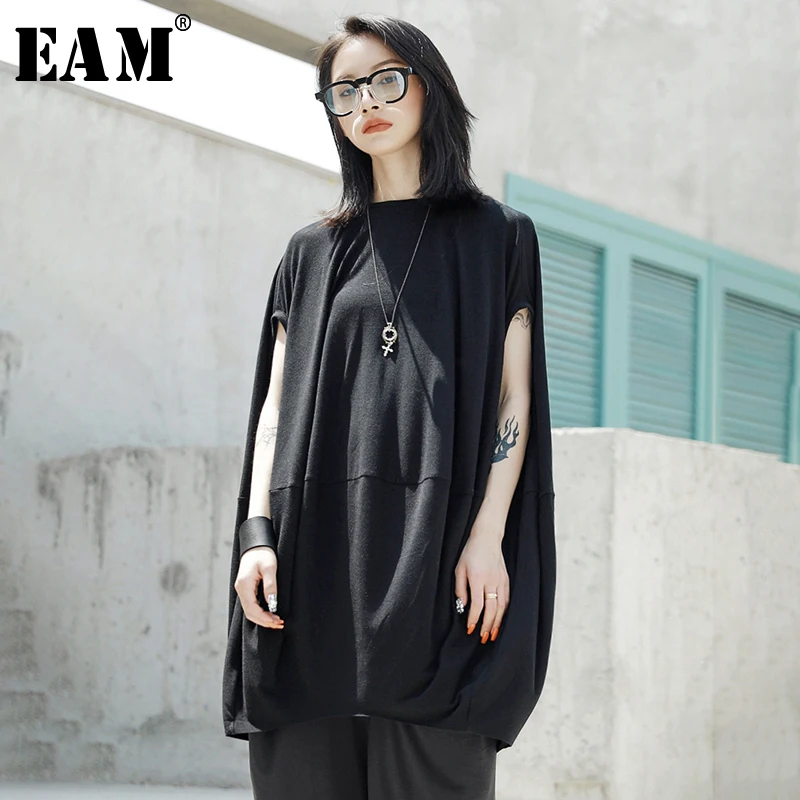 

[EAM] 2019 New Spring Summer Round Neck Short Sleeve Black Loose Big Size Oversize Cloak T-shirt Women Fashion Tide JT528