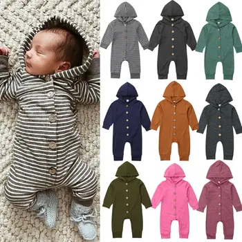 

2019 Infant Baby Toddler Kids Boys Girls Hooded Romper Hooded Spring Long Sleeve Costume Buttons Jumpsuit Clothes Outfits