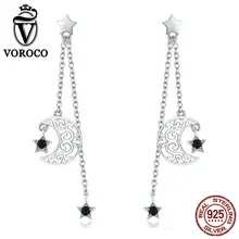 VOROCO Fashion Pure 925 Sterling Silver Long Line Drop Earrings Moon Star Earrings For Women Silver S925 Fine Jewelry BKE528 v ya 925 sterling silver moon shape drop earrings elegant green opal stone earrings vintage women earrings female fine jewelry