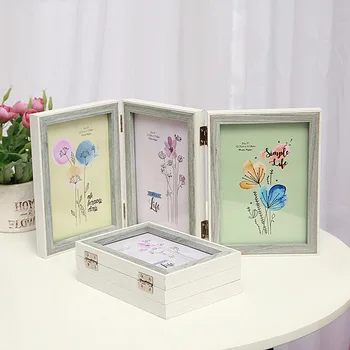 

7 Inch 6 Inch Originality Fold Literature Photo Frame Three Folded Wood Frame Two-sided Concise Group Combine Pendulum Platform