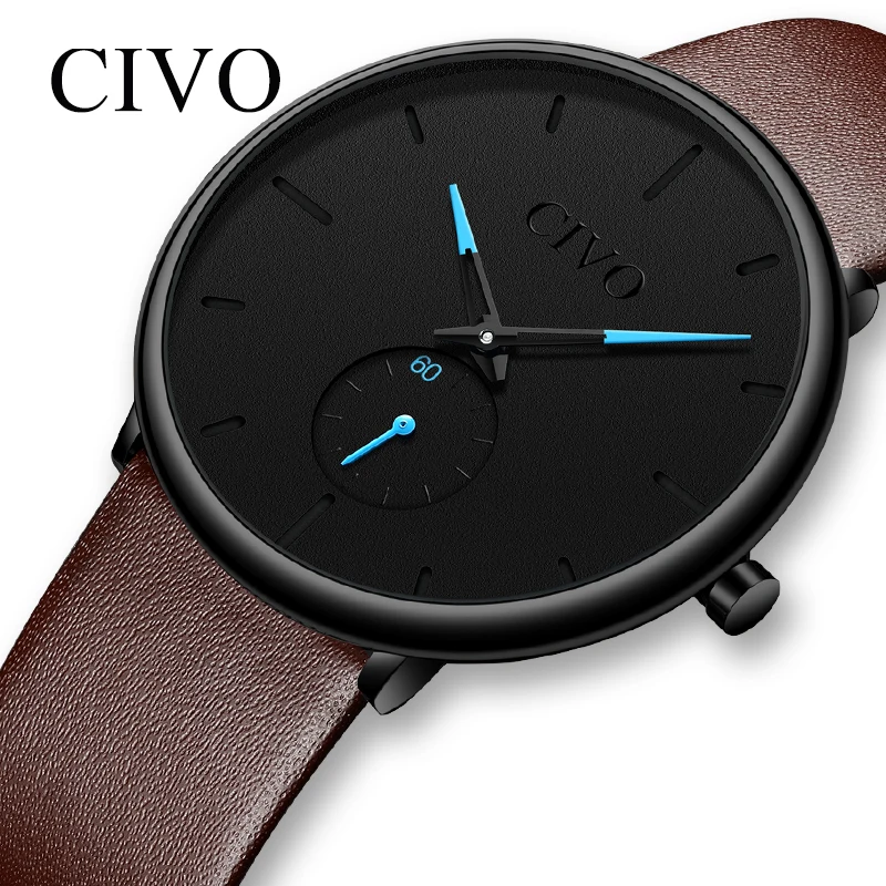 

CIVO Fashion Casual Quartz Mens Watches Top Brand Luxury Sports Waterproof Male Clock Brown Leather Strap Ultra Thin Watches Men