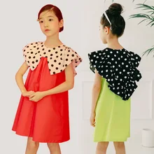 Брендовое платье для девочек Лето г., корейское детское хлопковое платье для девочек, платье принцессы в горошек для маленьких девочек Детский сарафан с большим воротником#5084
