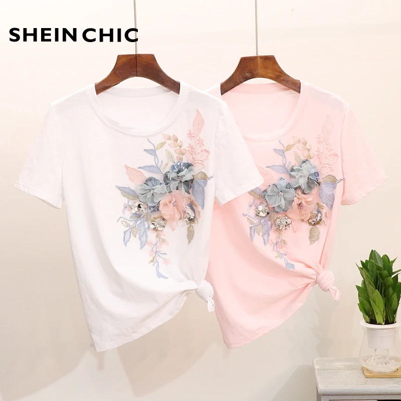 

Korean 2019 New Summer Sweet Women T-shirts Elegant 3D Flower Sequined O Neck Chic Tops Embroidery White Pink Female Shirts
