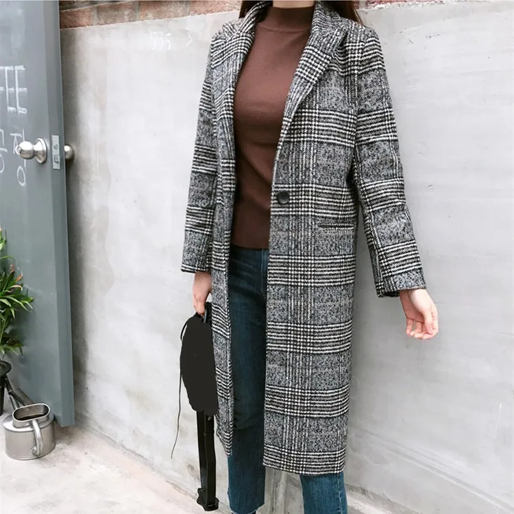 Manteau Nouvelle Automne En 2018 Laine Femmes Gris Manteaux À Longue Mince Vêtements Vintage Pour Hiver De Plaid Collar down Longues Manches Turn Dessus XIwdFvdq