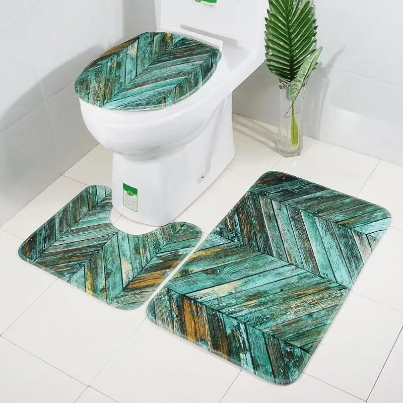 

3pcs/set Plank Printed Non Slip Water Absorb Floor Rugs Carpet Bath Mats Toilet Carpet Set Polyester Fiber Washable Toilet Rugs
