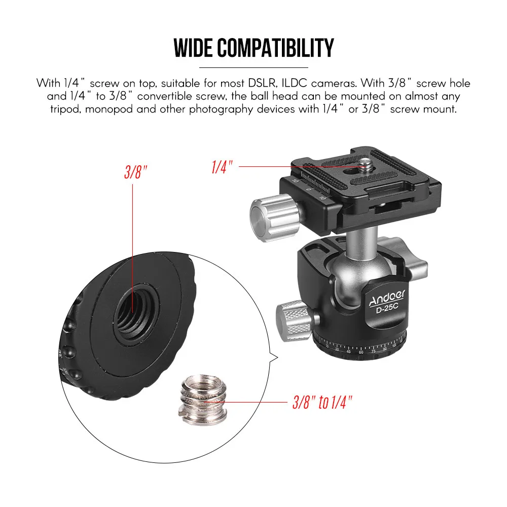 Aluminum Alloy Andoer D-25C CNC Mini Tripod Head Ballhead Double Notch Ball Head for Canon Nikon Sony DSLR ILDC Cameras Tripod