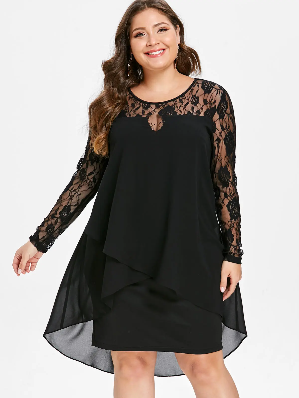 

Wipalo Women Plus Size Sheer Lace Sleeve High Low Hem Dress Casual Solid Asymmetric Splicing Dress Spring Autumn Party Vestidos