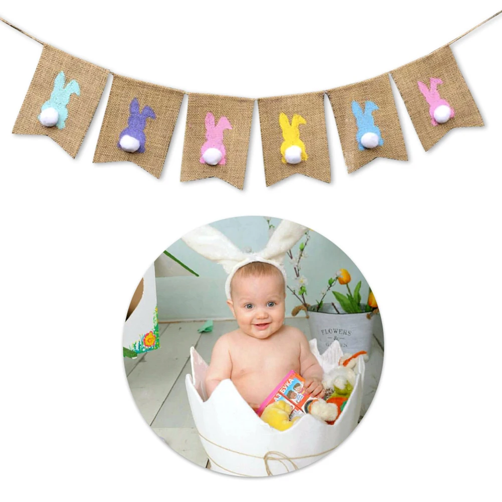 

2M Easter Banner Garland Burlap Flag Garland String Home Party Supplies Easter Egg Rabbit Hanging Bunting Decorations Photo Prop