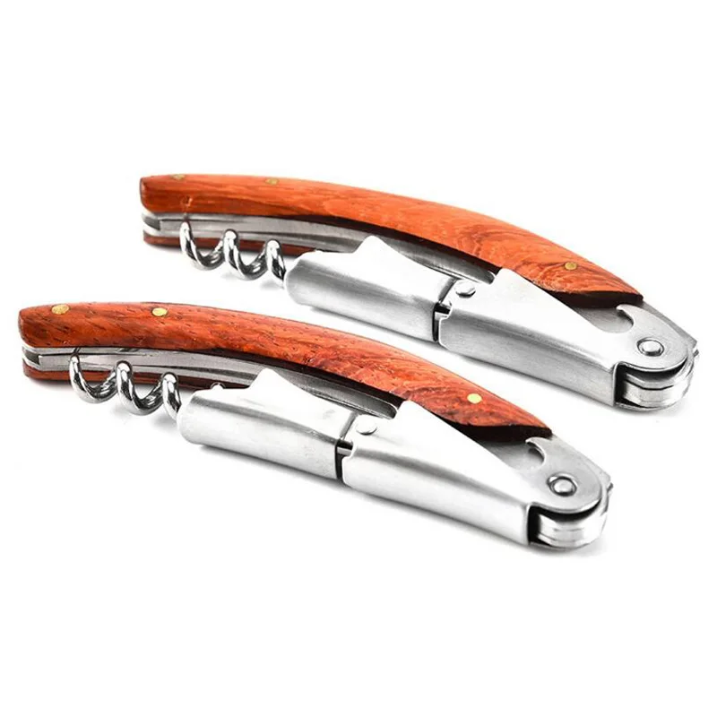 

Best Promotion Classic Design Functional Wood Handle Stainless Corkscrew Double Hinge Waiters Wine Bottle Opener Wholesale Price