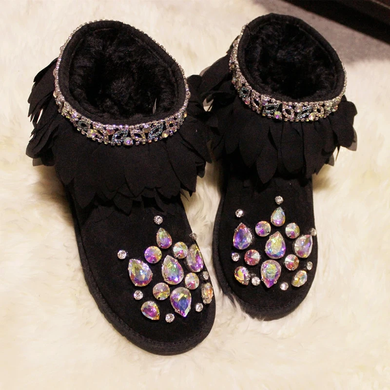 

Luxury Rhinestones Genuine Leather Snow Boots Ankle Warm Fur Shoes Woman Female Platform Flats Lady Black Winter Boots Plus Size