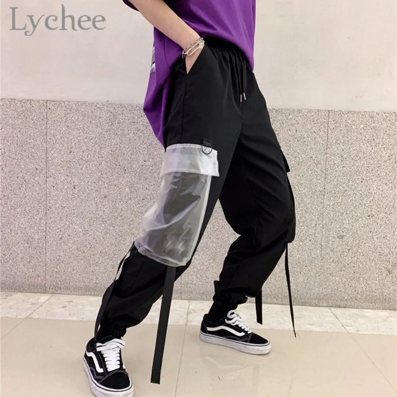 Женские брюки Lychee Harajuku с прозрачными карманами и лентой джоггеры высокой
