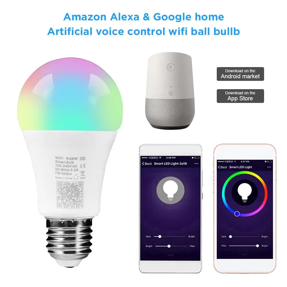 

7w Wifi Magic Light Bulb RGB White Light Remote Control Compatible With Voice Alexa Echo Google Home Assistant