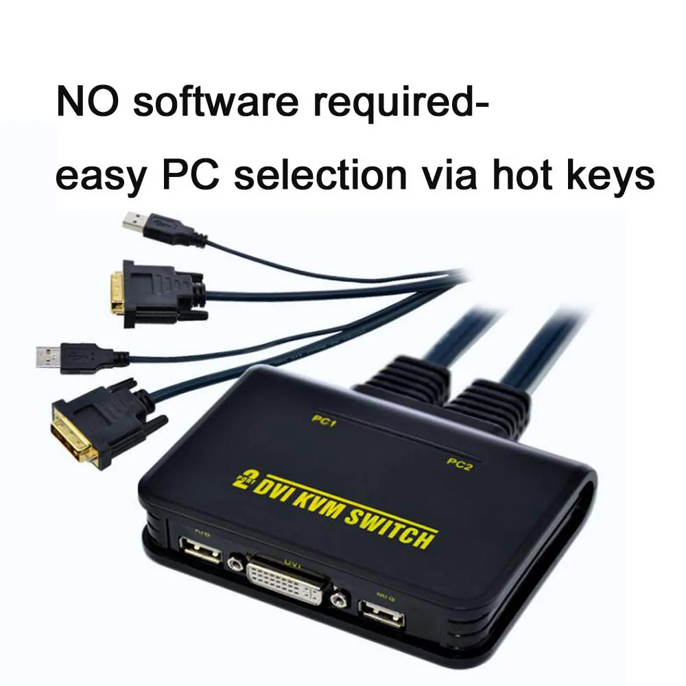 2 Ports USB DVI KVM Switch Switcher With Cable Hotkey