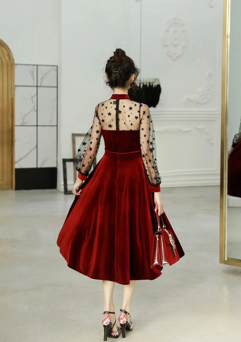 Small Demon Red Evening Dresses Sexy Tulle Long Sleeve Backless Evening Gown Black Star Evening Dress for Women Elegant ES1302