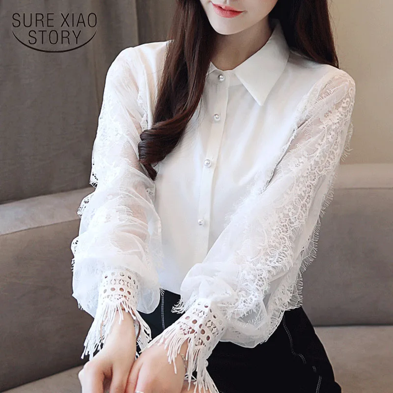 Blusas mujer de moda белая открытая кружевная шифоновая блузка рубашка с рукавом длинным Женские топы и блузки рубашка женская одежда 1448 45