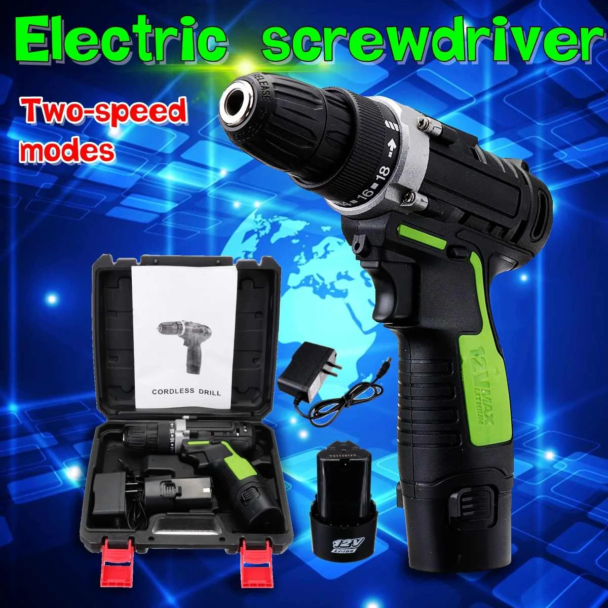 

12V 220V 0-1300rpm Li-ion Battery Rechargable Cordless Electric Screwdriver Double Speed LED Light Electric 1150rmp