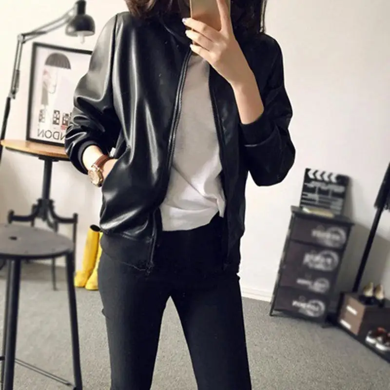 Leather Short Jacket Street Retro Stand Collar Cool Black Jacket Cardigan For Ladies Spring Autumn Winter Europe American Style