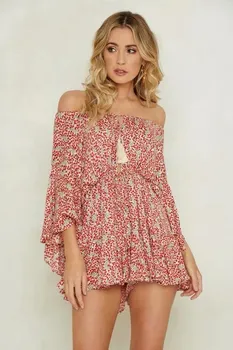 

Boho Ruffles Women Playsuit Print Flare Sleeve Off Shoulder Sexy Rompers Loose Tassel Beach Short Jumpsuit