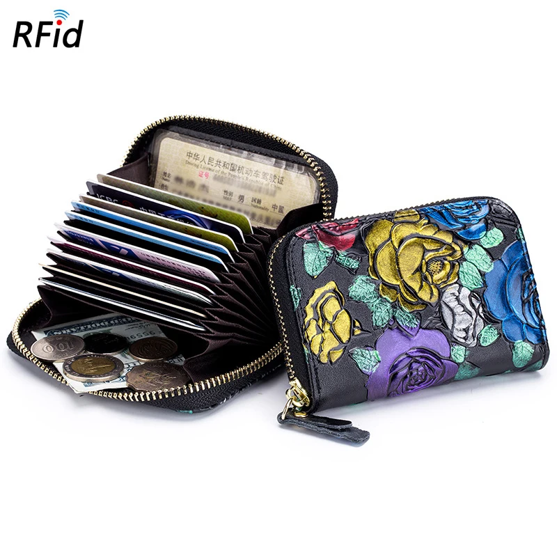 Натуральная кожа рисунок цветок аккордеон кожаный кошелек женские кошельки для монет на молнии RFID мульти держатели кредитных карт слоты кошелек