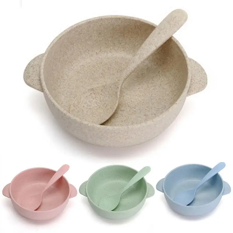 

4 Colors Set ( Bowl + Spoon ) Children's Bowl Wheat Straw Environmental Double Ear Rice Bowl Dessert Bowl Set Baby Tableware