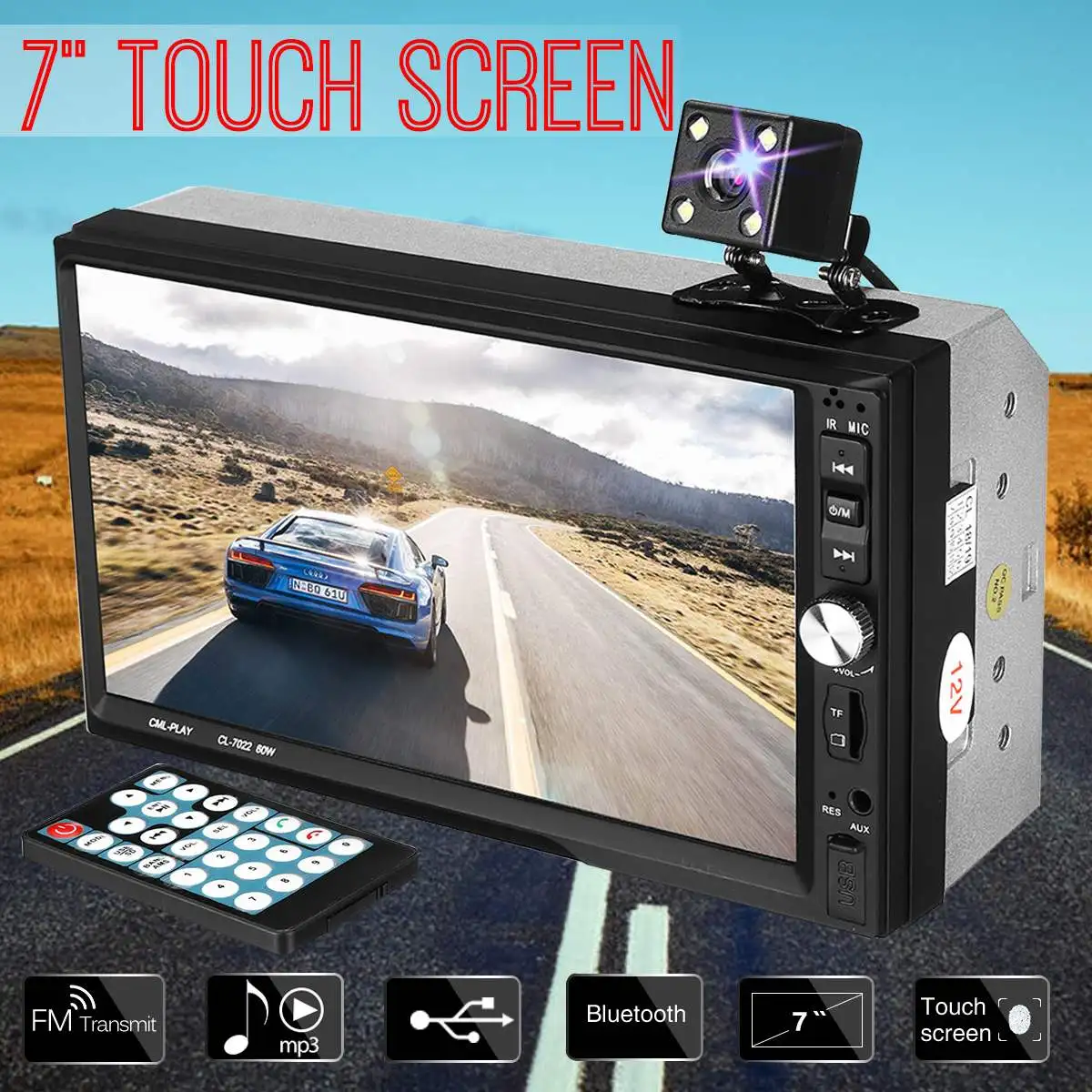 

7" HD bluetooth Touchs Screen 2 Din Car Stereo Radio FM AUX USB MP5 Player + Rear View Camera + Remote Controller + Power Cable