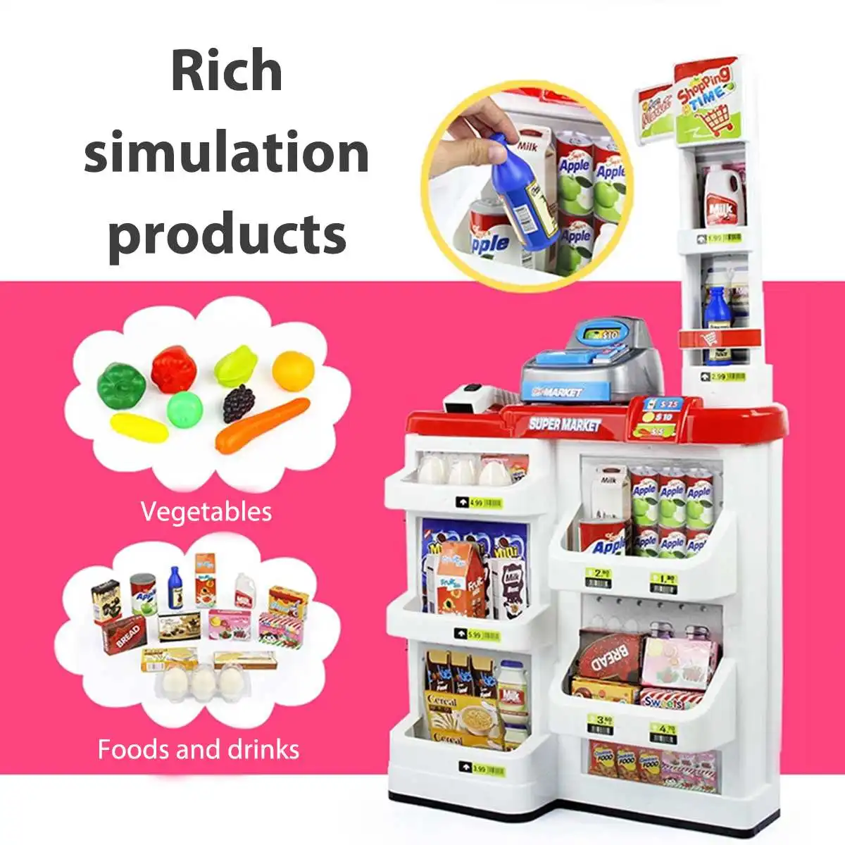 

Checkout Scene Luxury Children House Shopping Cart Scanning Machine Silver Simulation Toy Supermarket Fruit