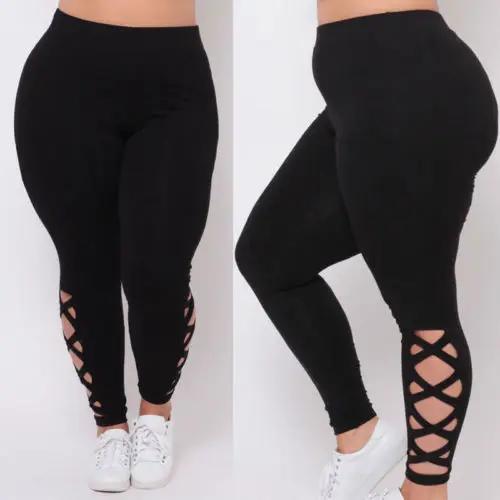 Plus Size Women Ladies Elastic Casual Leggings Gym Solid Cross Hollow Out Long Pants Black