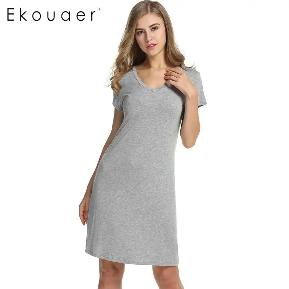

Ekouaer Nightgowns Women Sleepshirts Home Dress V-Neck Short Sleeve Loose Night Gown Summer Sleepwear Nightdress Dropshipping