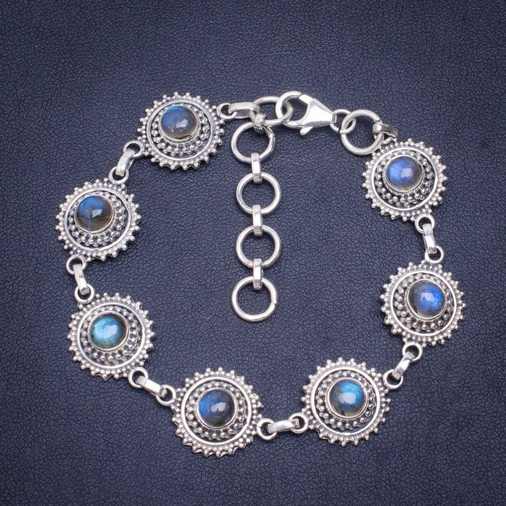 

Natural Blue Fire Labradorite Handmade Unique 925 Sterling Silver Bracelet 7-8.5" A2974