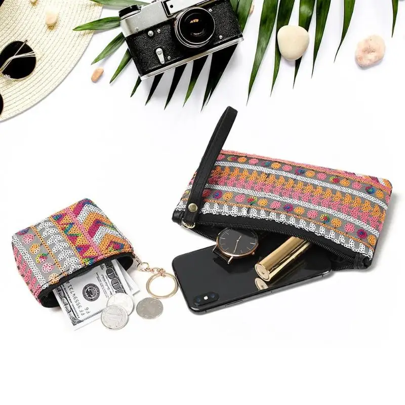 

Girls Small Casual Simple Boho Printing Coin Purse Women Mini Wallet Card Holder Female PU Leather Weaving Clutch Bag
