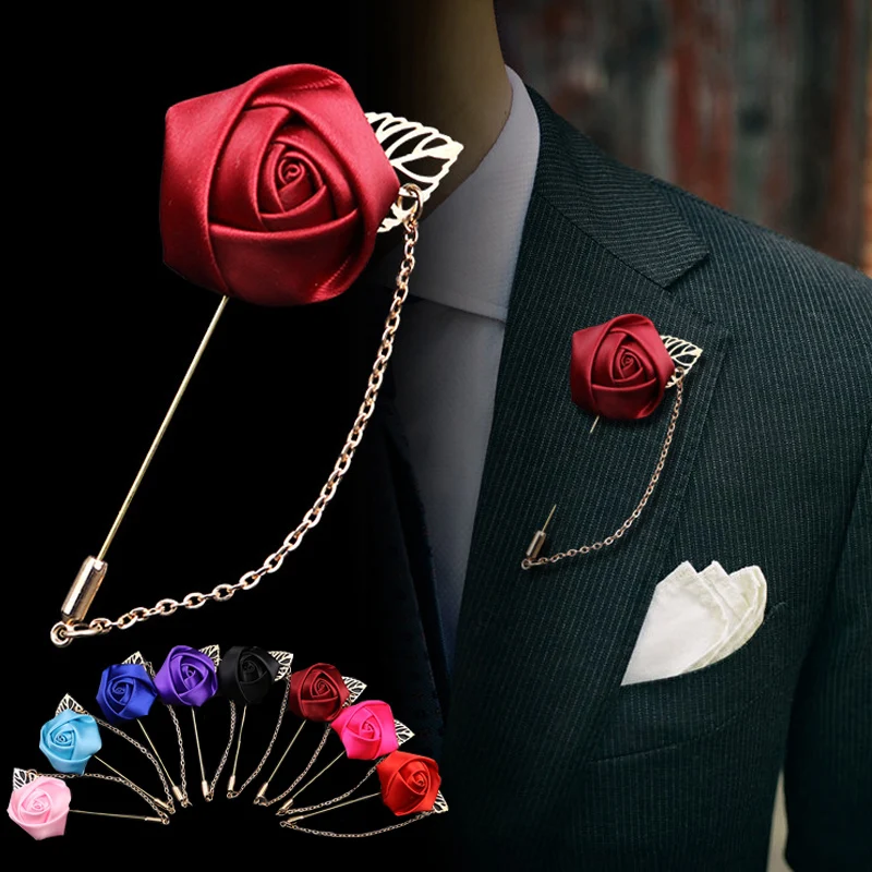 

Fashion Men Boutonniere Stick 1pc New Jewelry Leaf Men Gift Wedding Suit Lapel Golden Rose Flower Brooch Pin