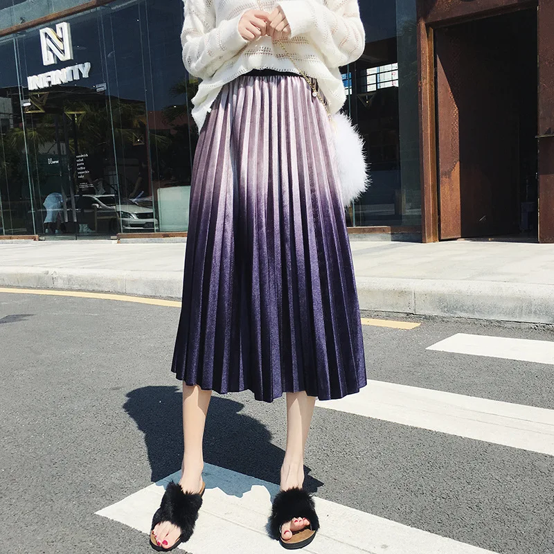 

Gradual color Golden Velvet Pleated Skirt Organ Pleated Medium-length Skirt 2018 Autumn and Winter Pleated Half-length Skirt
