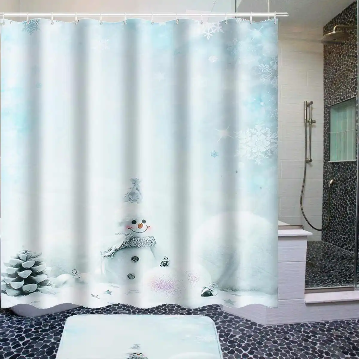 

Christmas Snowman Shower Curtain Anti Slip Waterproof Polyester Fabric Bath Curtain Bath Mat For Bathroom Curtains With 12 Hooks
